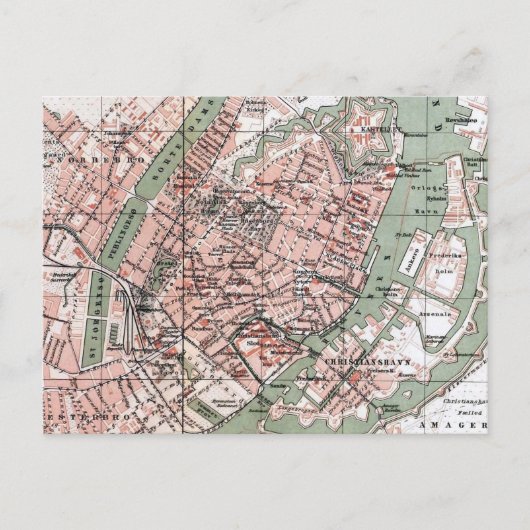 コペンハーゲン デンマークの古地図 (1888) ポストカード (正面)