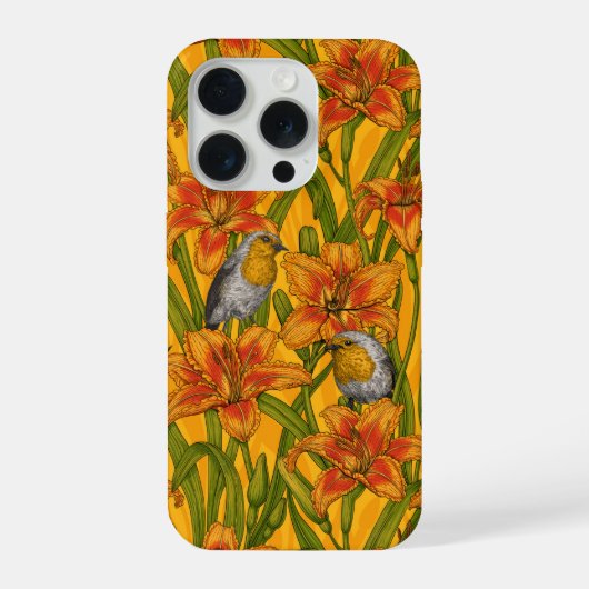 コマドリとユリの花、オレンジと緑 iPhoneケース (裏面)