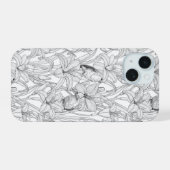 コマドリとユリの花、黒と白 iPhone 15ケース (裏面横)