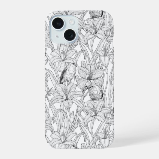 コマドリとユリの花、黒と白 iPhone 15ケース (裏面)