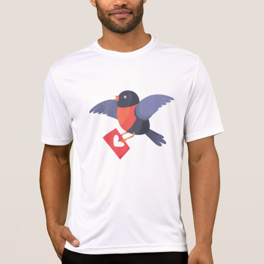 コマドリ 鳥 赤いハートの恋文を飛ばす Tシャツ (正面)