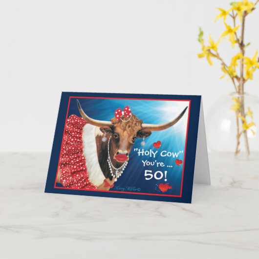 コミカルな牛の誕生日カード カード (黄色い花)