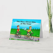 コミカルな自転車の誕生日ケーキの混乱 自転車に乗る人 カード (正面)