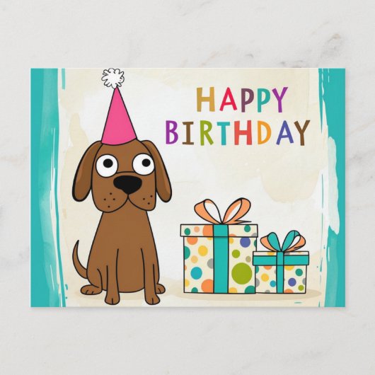 コミカルな茶色の犬の誕生日カードカラフルギフト ポストカード (正面)