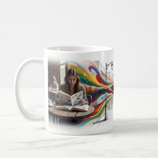 コミックの世界に没入する女子のマグカップ コーヒーマグカップ (左)