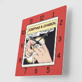 コミックスタイルのゴージャスリング ウェディングクロック 赤 スクエア壁時計 (傾斜)