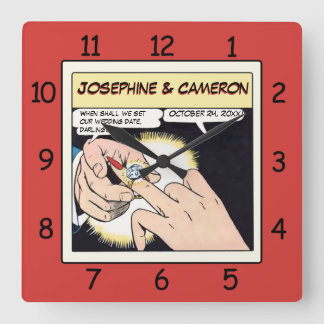 コミックスタイルのゴージャスリング ウェディングクロック 赤 スクエア壁時計