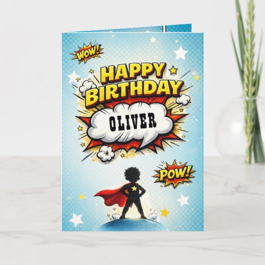 コミックスタイルのスーパーヒーローの少年誕生日 カード (正面)