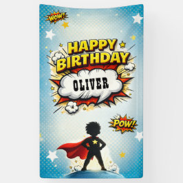 コミックスタイルのスーパーヒーローの少年誕生日 横断幕