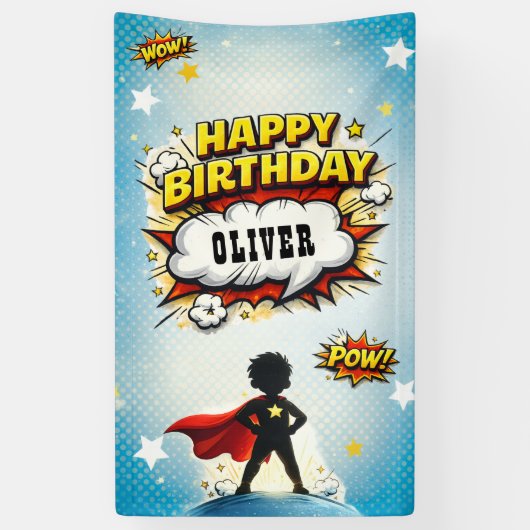 コミックスタイルのスーパーヒーローの少年誕生日 横断幕 (縦)