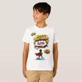 コミックスタイルのスーパーヒーローの少年 名前 誕生日 Tシャツ (正面フル)