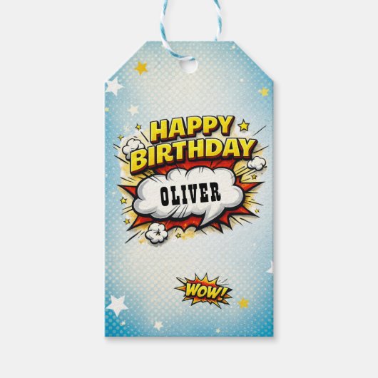 コミックスタイルのスーパーヒーローの男の子の名前の誕生日 ギフトタグ (正面)