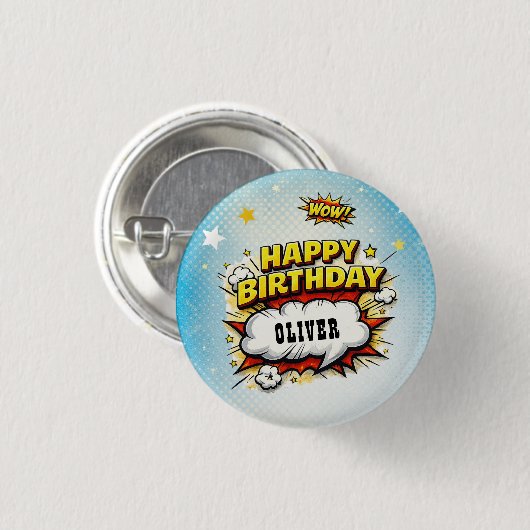 コミックスタイルのスーパーヒーロー男子の名前の誕生日  缶バッジ (正面&裏面)