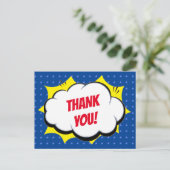 コミックスーパーヒーローブルー子供向け感謝カード ポストカード (スタンド正面)