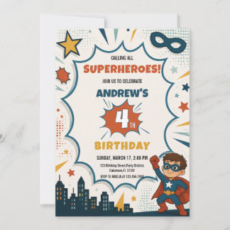 コミックブックのスーパーヒーローの少年ポップアートの誕生日 招待状