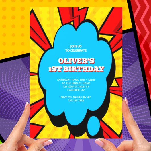コミックブックキッズの1歳の誕生日 招待状
