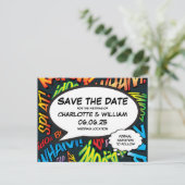 コミックブック風モダンな結婚式のSave the Date ポストカード (スタンド正面)