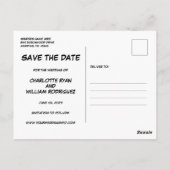 コミックブック風モダンな結婚式のSave the Date ポストカード (裏面)