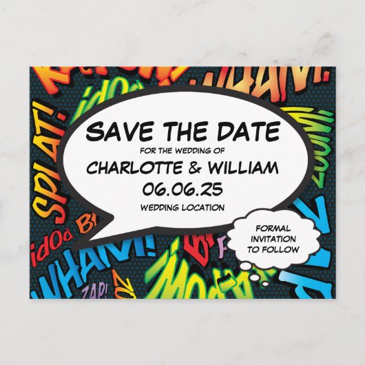 コミックブック風モダンな結婚式のSave the Date ポストカード (正面)