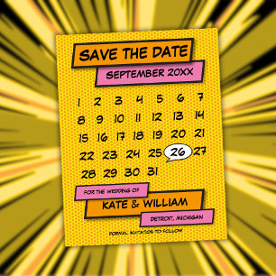 コミックブック風モダン カジュアル カレンダー Save The Date 案内ポストカード