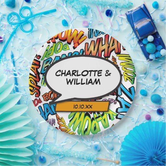 コミックブック スーパーヒーロー おしゃれ タイポグラフィ ペーパープレート (パーティー)