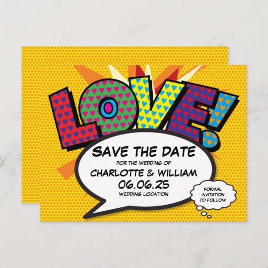 コミックブック テーマの結婚式 Save the Date 案内ポストカード (正面/裏面)