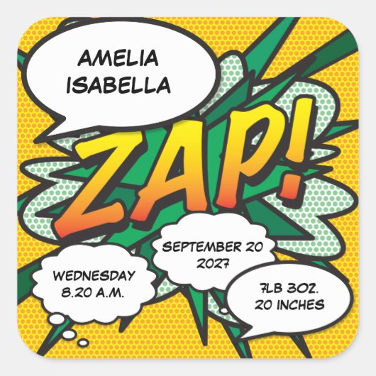 コミックブック ポップアート 誕生情報 個人名入り スクエアシール (正面)