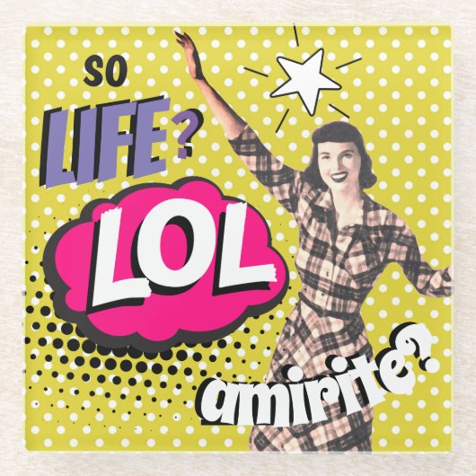 コミックポップアートレトロガールおかしい ガラスコースター (正面)