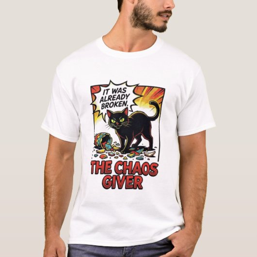 コミック調ポップアートの黒猫の悪戯デザイン Tシャツ (正面)