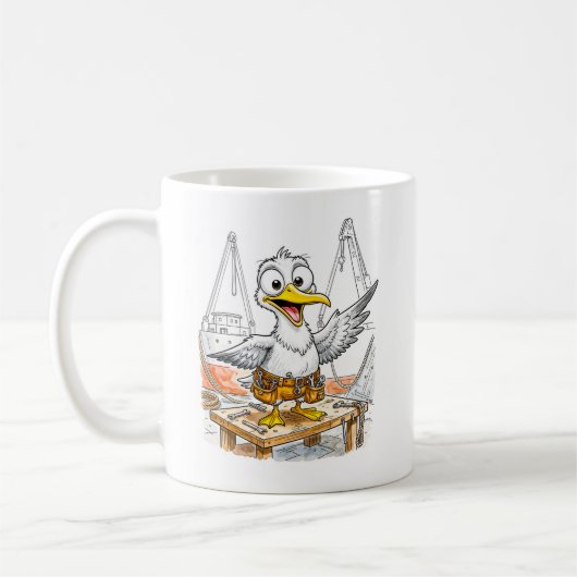 コミック風の造船所労働者としての海鳥 コーヒーマグカップ (左)