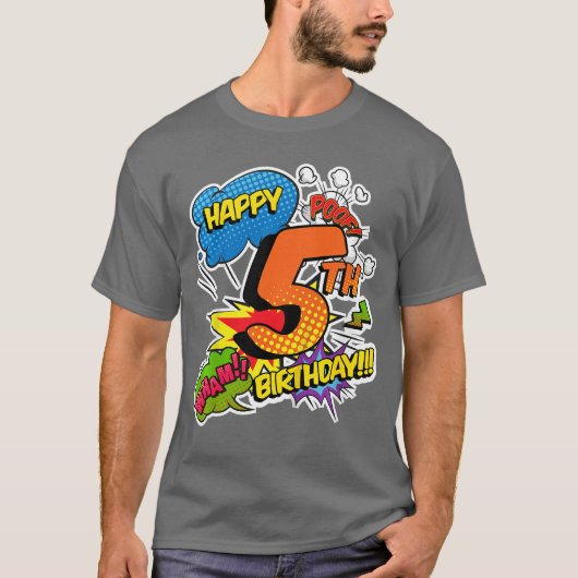 コミック風スーパーパワーの5歳の誕生日おめでとう少年たち Tシャツ (正面)