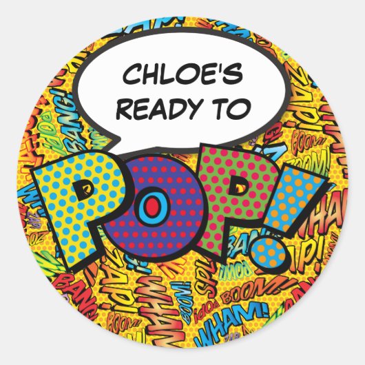 コミック風ベビーシャワースプリンクル準備完了 POP ラウンドシール (正面)