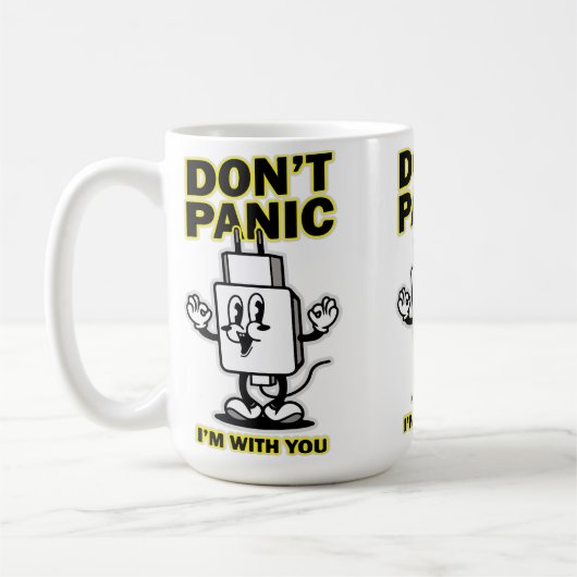 コミック風携帯充電器：Don't Panic デザイン コーヒーマグカップ (左)