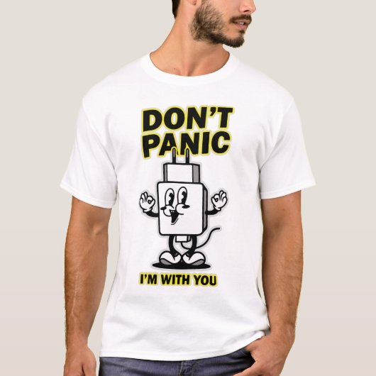 コミック風携帯充電器：Don't Panic デザイン Tシャツ (正面)