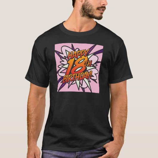 コミック風 HAPPY 18TH BIRTHDAY! ピンク Tシャツ (正面)