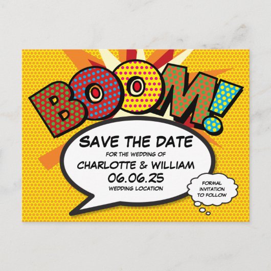 コミック・ブームの結婚式Save the Date 案内ポストカード (正面)