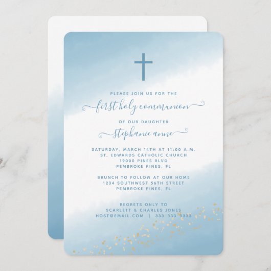 コミュニオンクロスブルーウォーターカラー招待状 招待状 (正面/裏面)
