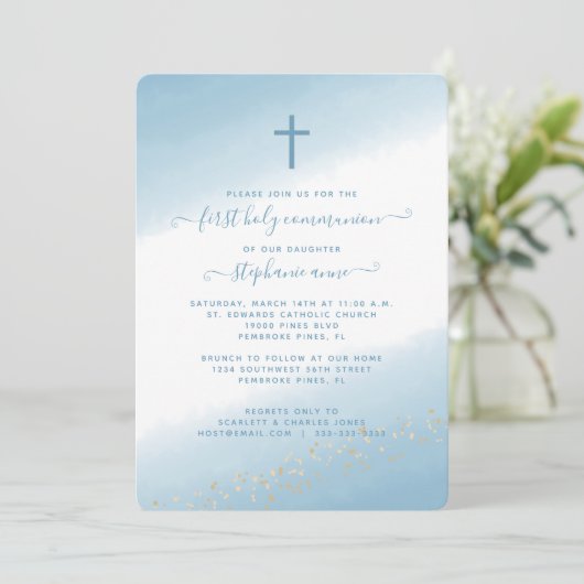 コミュニオンクロスブルーウォーターカラー招待状 招待状 (スタンド正面)
