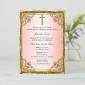 コミュニオンピンク金ゴールドベージュパールダマスクロス 招待状 (スタンド正面)