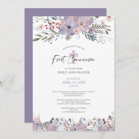 コミューニオンウォーターカラーフローラワイルドフラワーパープル 招待状 (正面/裏面)