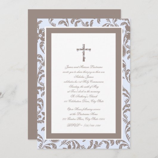 コミューニオンソフトブルーとブラウンペイズリー 招待状 (正面/裏面)