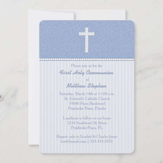 コミューニオンブルーつる植物とストライプ 招待状 (正面)