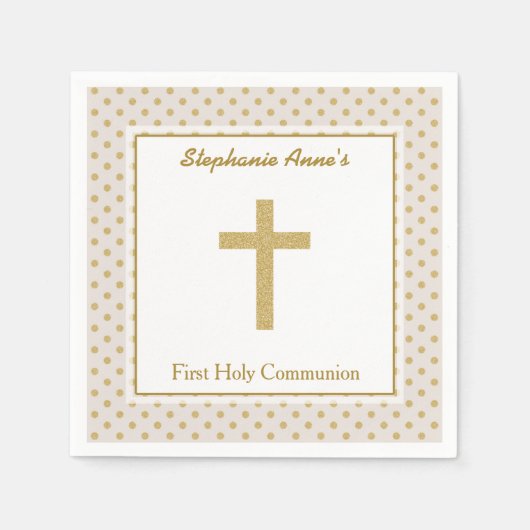 コミューニオンベージュと金ゴールド水玉模様 スタンダードカクテルナプキン (正面)