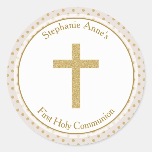 コミューニオンベージュと金ゴールド水玉模様 ラウンドシール (正面)