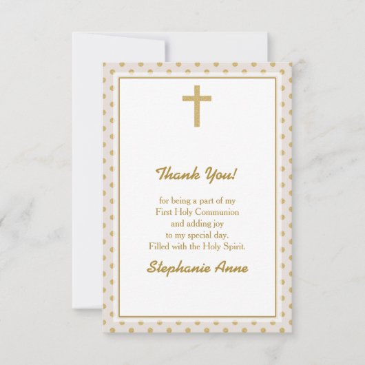 コミューニオンベージュと金ゴールド水玉模様 招待状 (正面)