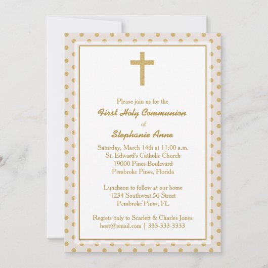 コミューニオンベージュと金ゴールド水玉模様 招待状 (正面)