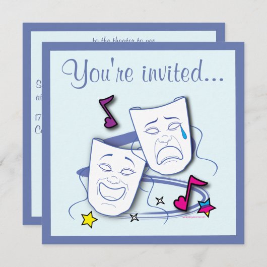 コメディーと悲劇マスク劇場誕生日招待状 招待状 (正面/裏面)