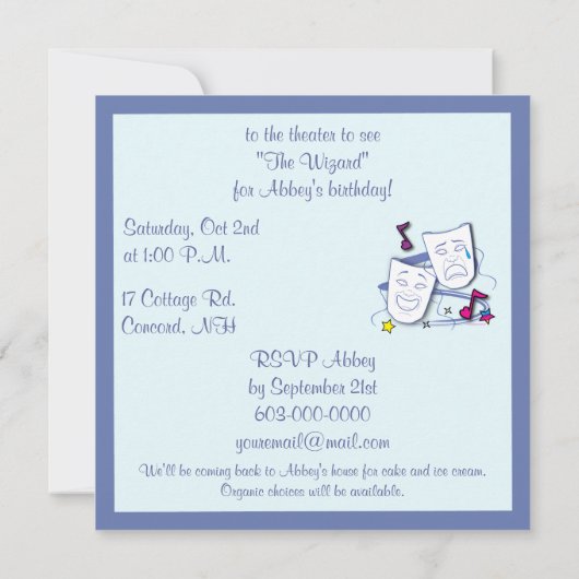 コメディーと悲劇マスク劇場誕生日招待状 招待状 (裏面)