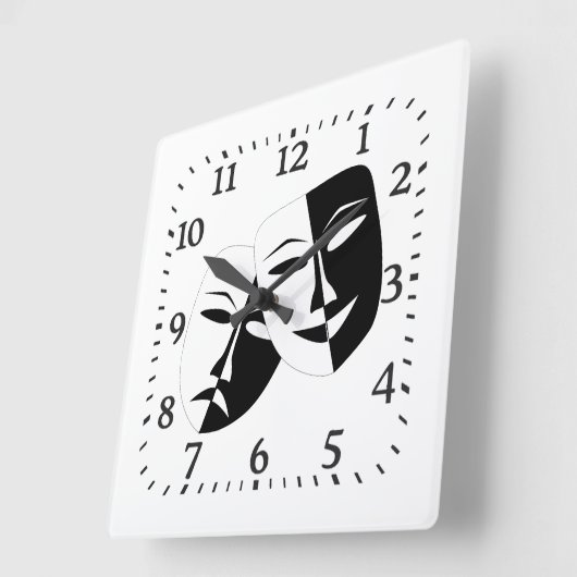 コメディー悲劇白黒劇の仮面  スクエア壁時計 (傾斜)