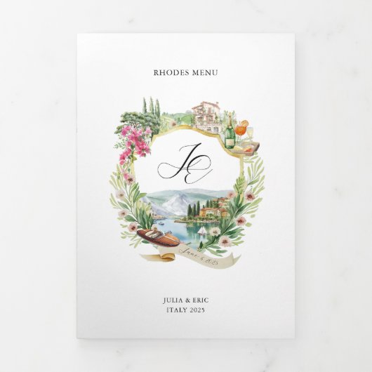 コモイタリア湖 | 図解入りの、写真付きの結婚 三つ折り招待状 (カバー)